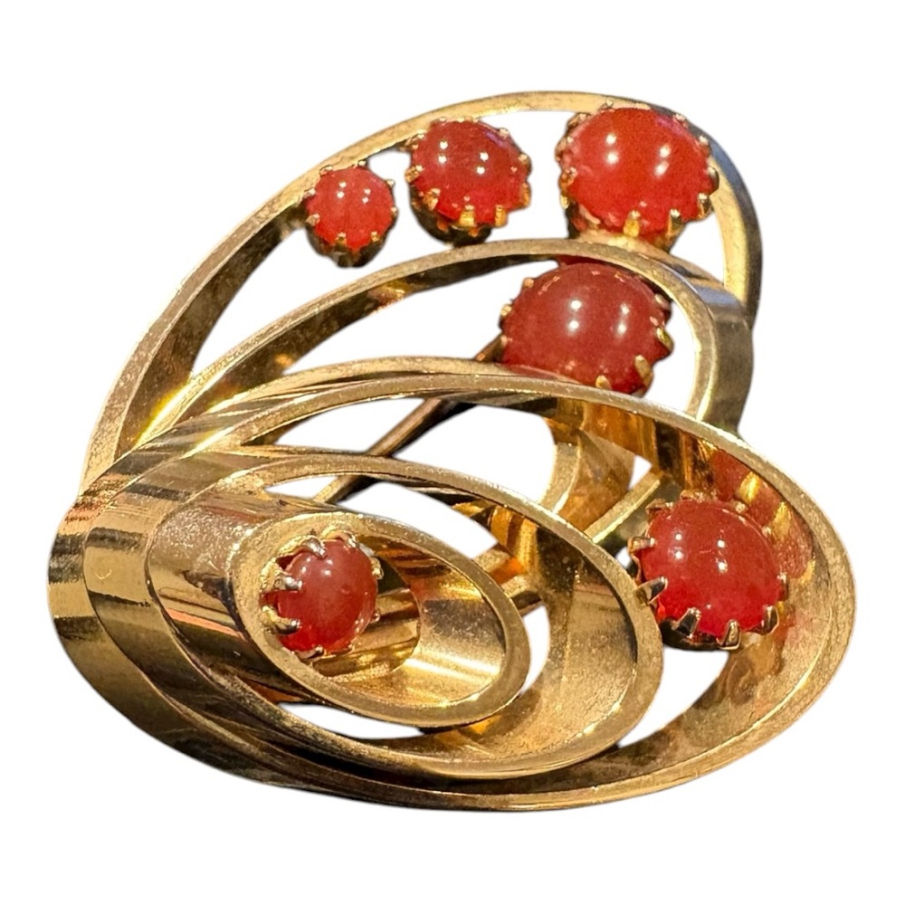 Vintage Gold Tone Abstract Swirl Brooch Red Cabochon Stones J24